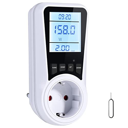 Vinabo Medidor de consumo eléctrico, contador de potencia de consumo de corriente, 16 A/3680 W, medidor de potencia con pantalla LCD, 7 modos de monitoreo, protección contra sobrecarga